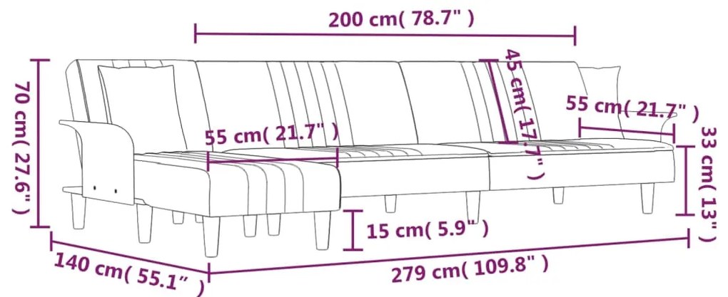 Sofá-cama em forma de L 279x140x70 cm tecido preto