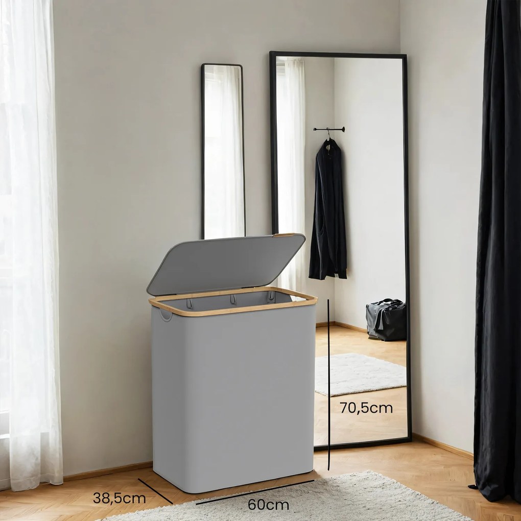 Cesto de bambu para roupa suja de 150 litros com 3 compartimentos 60 x 38,5 x 70,5 cm cinzento