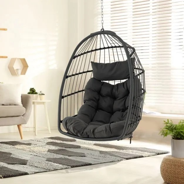 Cadeira suspensa em forma de ovo com almofada para a cabeça, almofada para o assento, cesto de vime, design dobrável, carga máxima 150 kg, 77,5 x 74 x