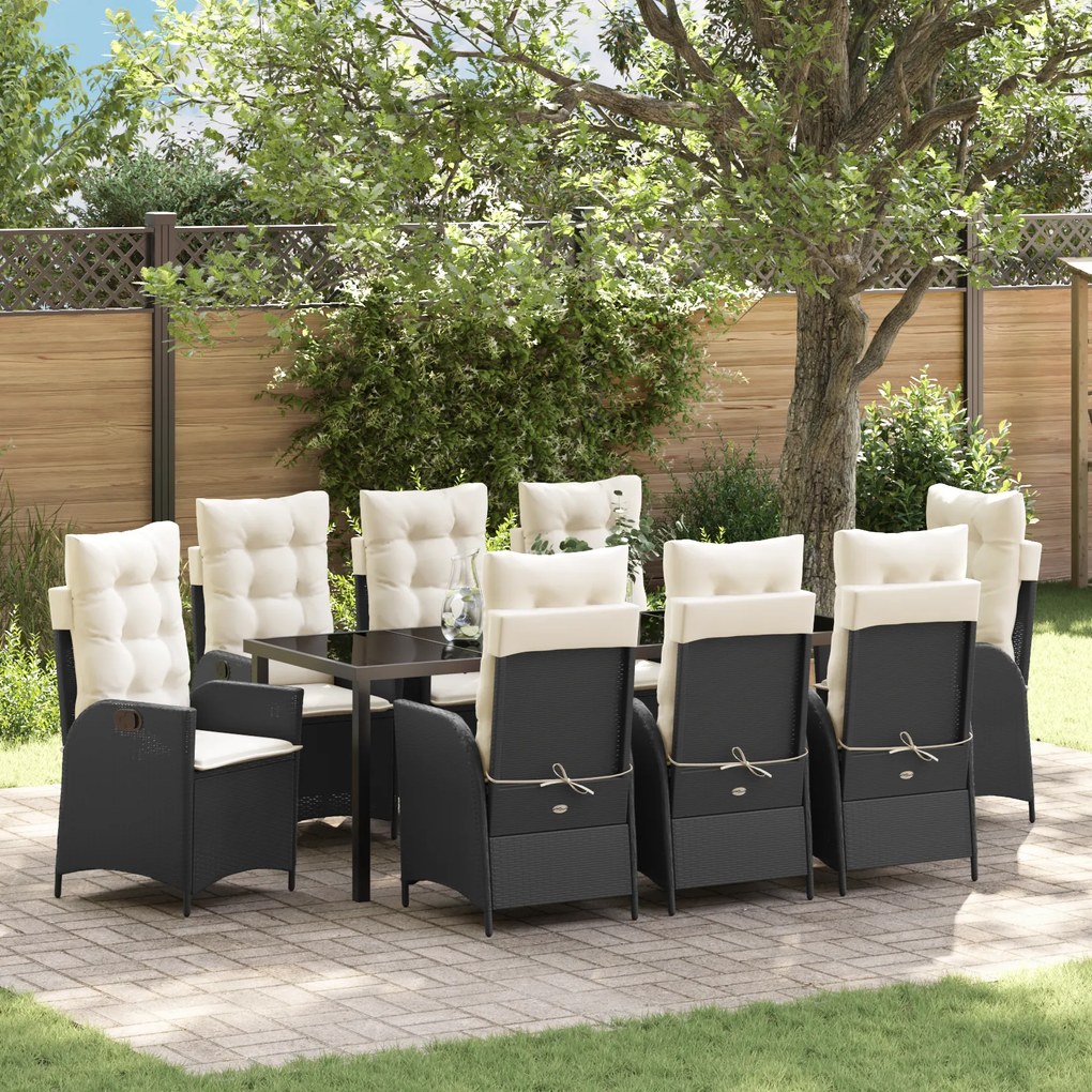 Conjunto de Jantar de Jardim com Almofadas 9 Peças Preto Rattan Poliés