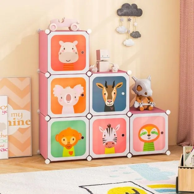 Armário infantil portátil para bebés 75 x 37 x 145 cm Plastico com 8 cubos e secção para pendurar roupas rosa