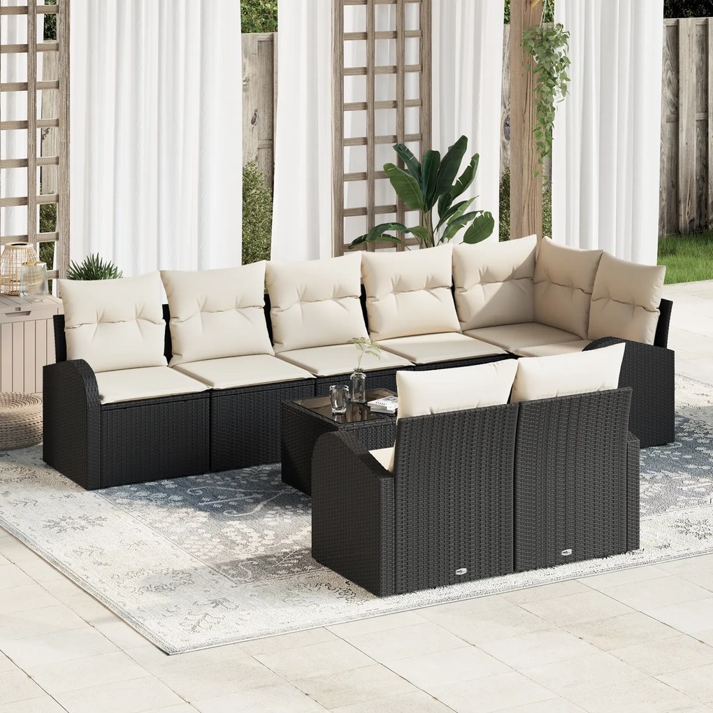 Conjunto de Sofás de Jardim de 8 Peças com Almofadas de Vime PE Preto
