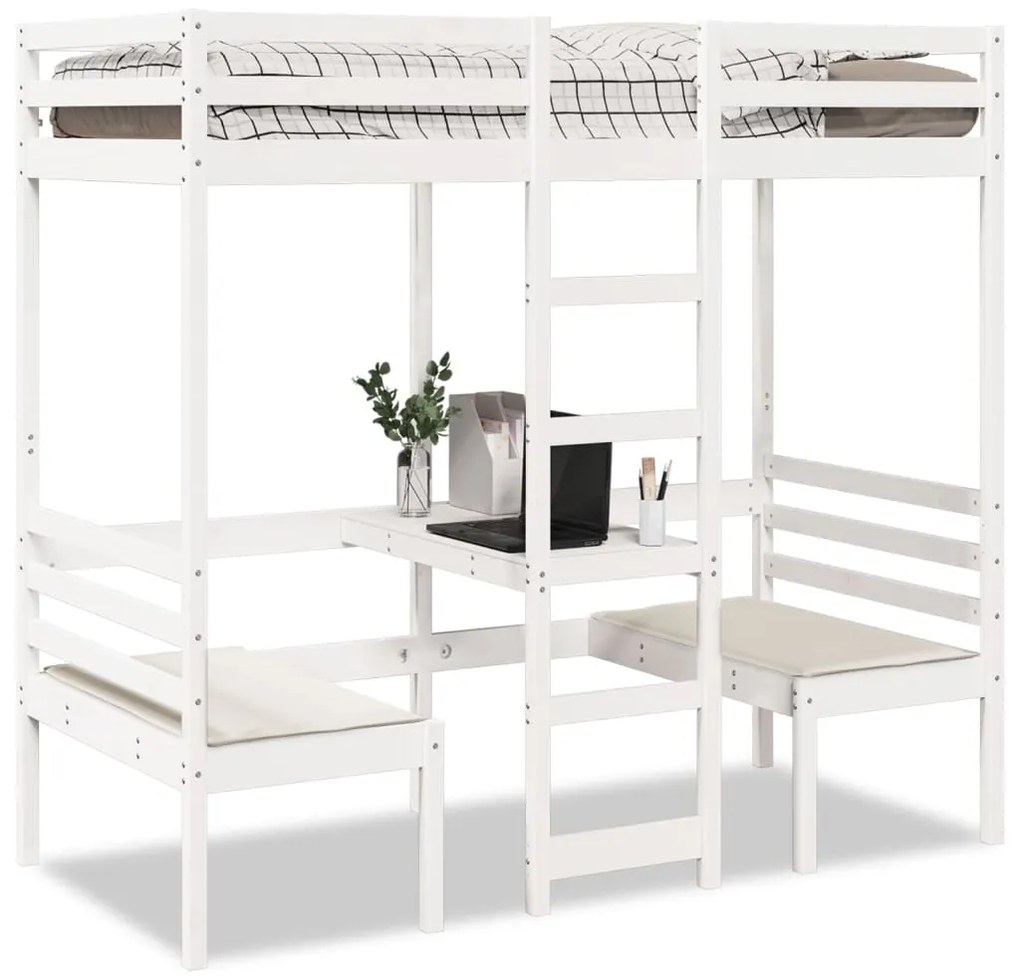 Cama alta c/ secretária/cadeiras 75x190 cm pinho maciço branco