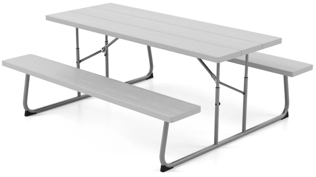 Mesa de piquenique dobrável 183 cm para 8 pessoas com 2 bancos Estrutura metálica Guarda-sol Orifício Mesa de jardim PEAD Cinzento