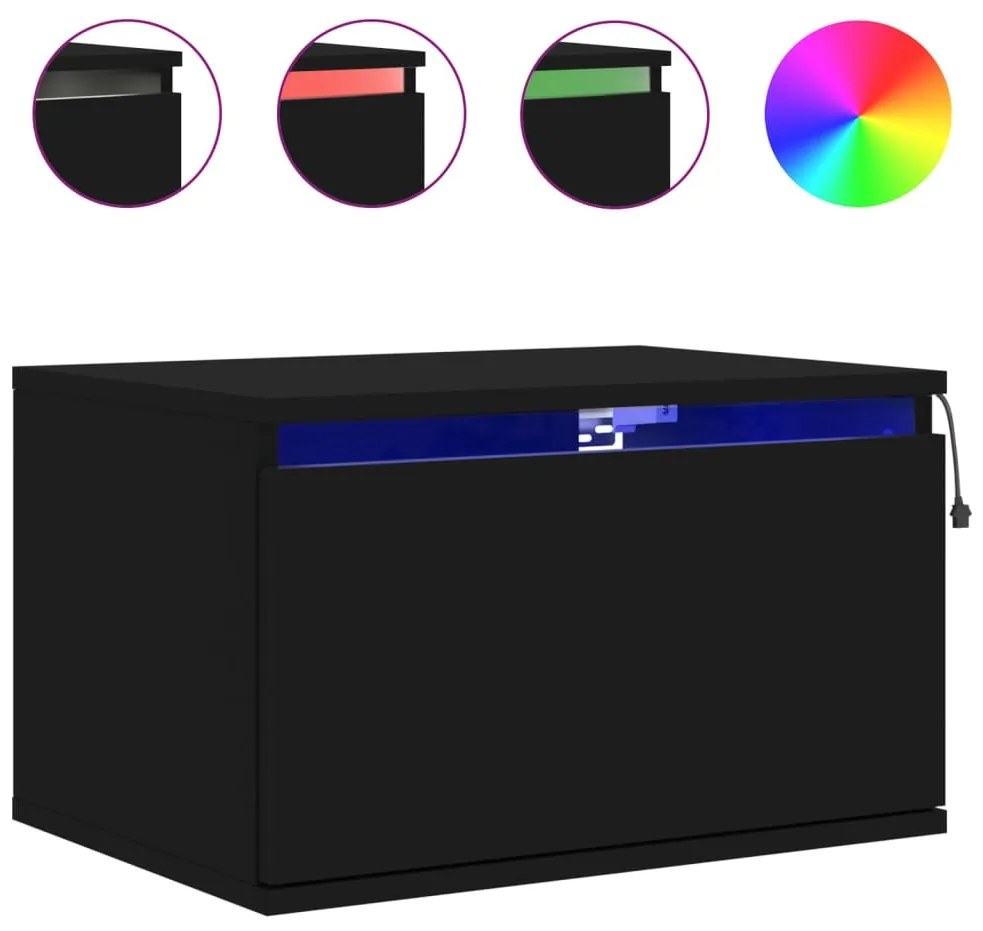 Mesas de cabeceira de parede com luzes LED 2 pcs preto