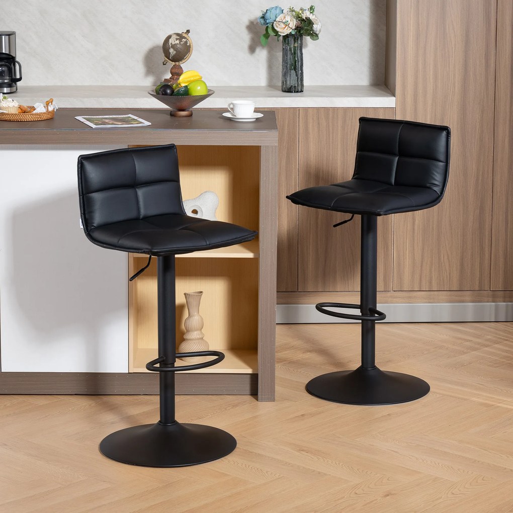 Conjunto de 2 bancos de bar, bancos de bar com altura ajustável e assento giratório em PU, 44 x 45 x 85-106 cm, preto