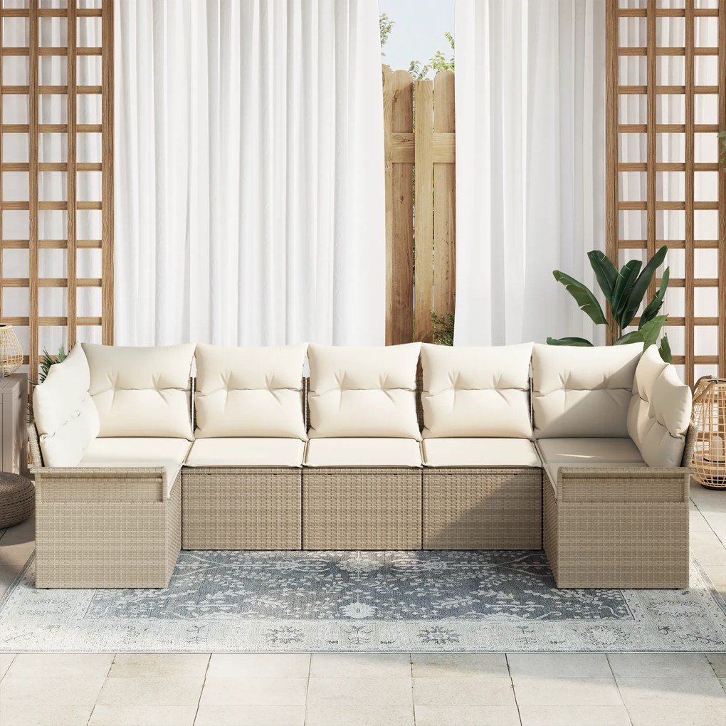 Conjunto de Sofá de Jardim de 7 Peças com Almofadas Bege Rattan Poliés