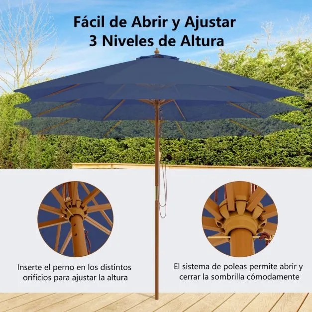 Guarda-sol 300 x 300 x 262 cm com 8 varas de bambu com elevação por roldana e orifício de ventilação para praia ou jardim Azul Marinho
