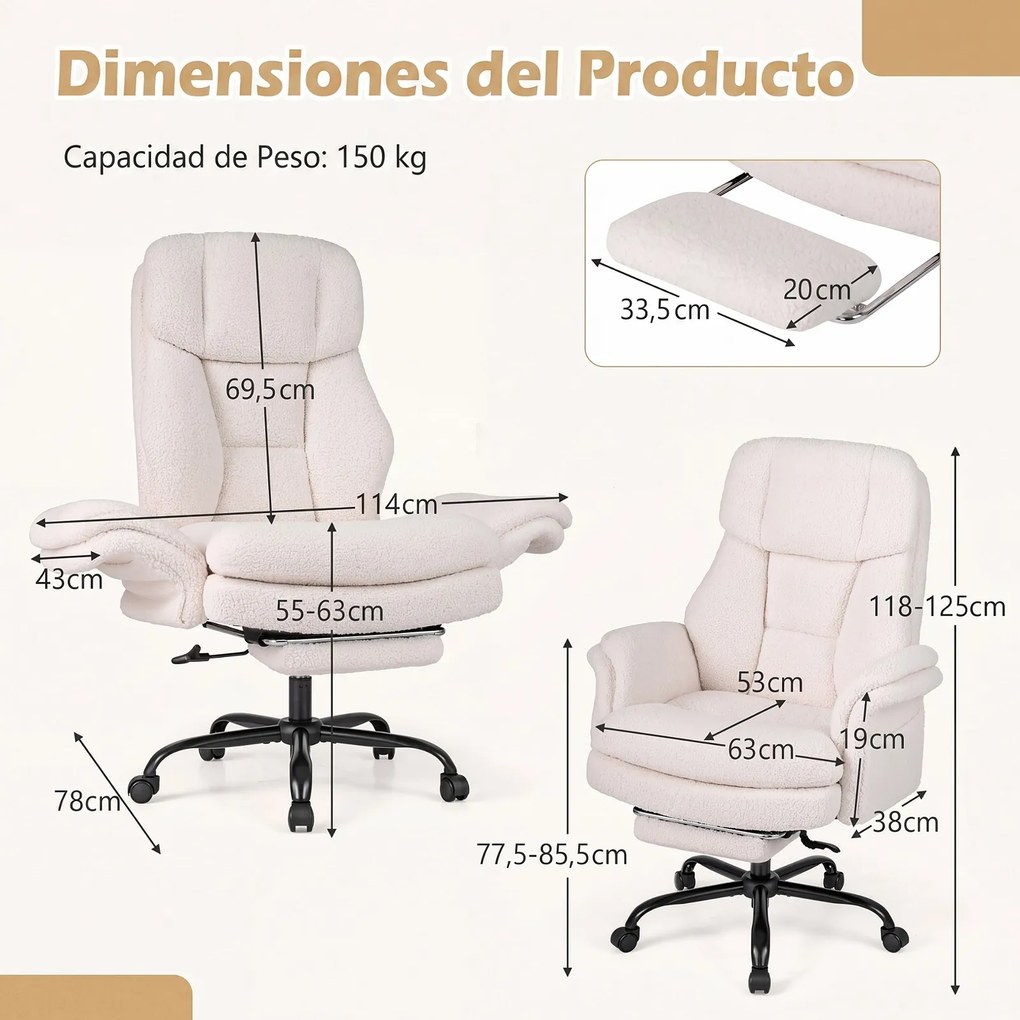 Cadeira de Escritório com Apoio para os Pés, 63-114 x 78 x 118-125 cm, Encosto Reclinável, Branco