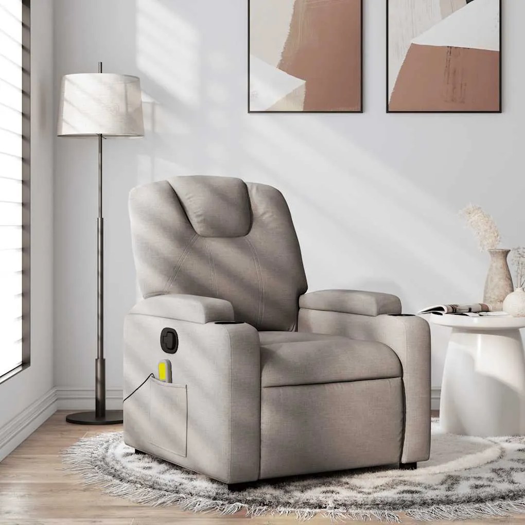 vidaXL Poltrona de massagens reclinável tecido cinzento-acastanhado