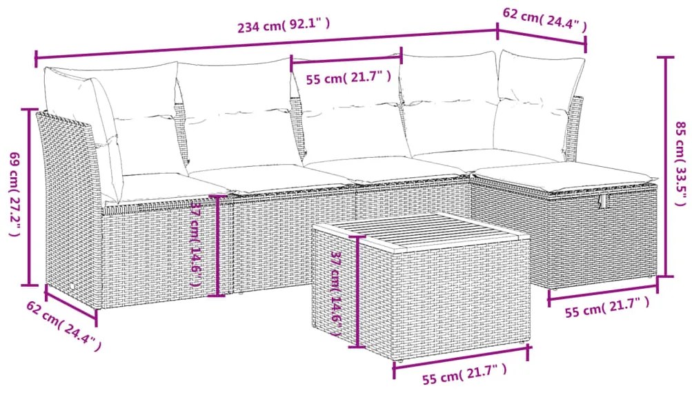 6 pcs conjunto de sofás p/ jardim com almofadões vime PE bege