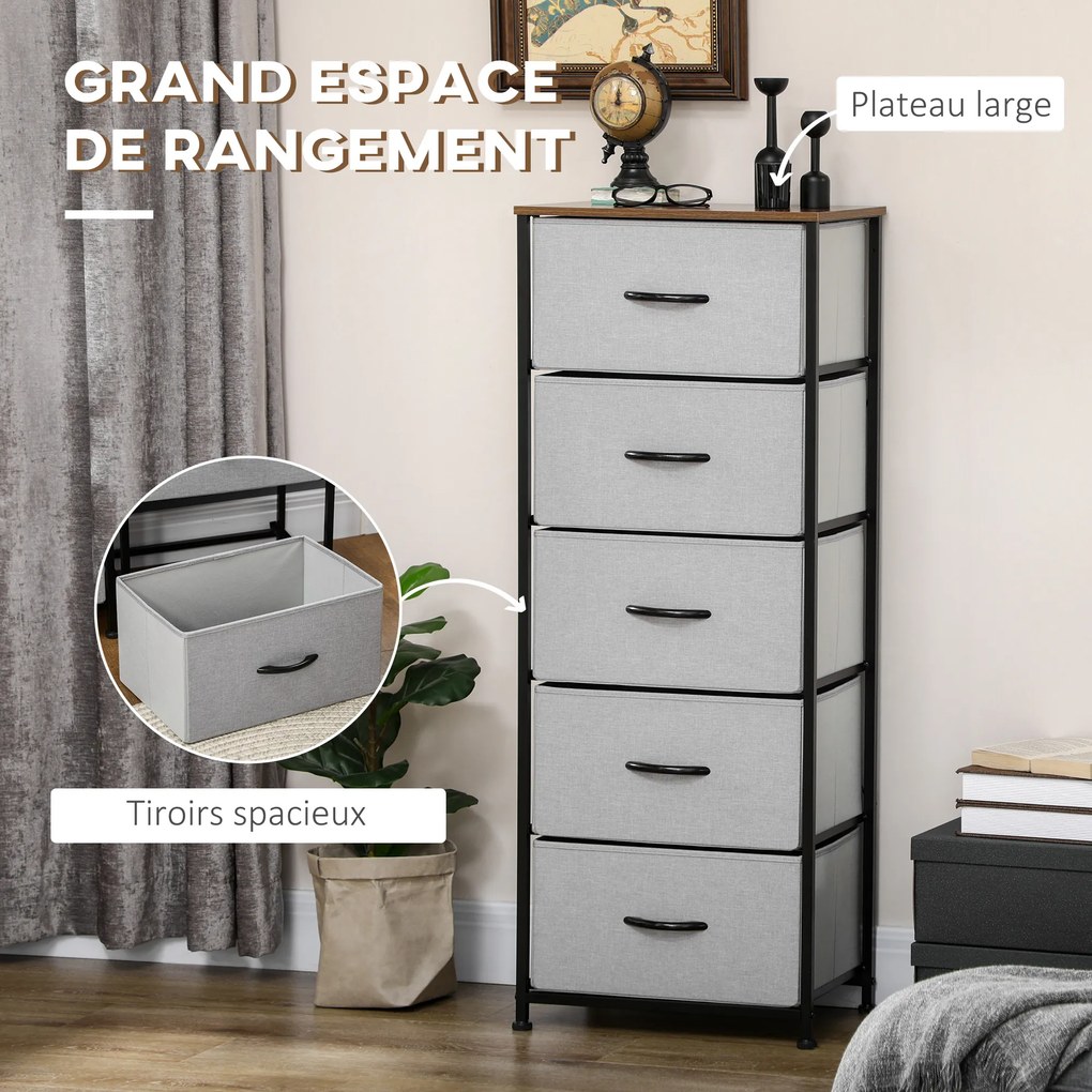 Cómoda com 5 gavetas 45 x 30 x 116 cm, móvel de arrumação com gavetas em tecido dobrável - estrutura em aço preto - cinzento