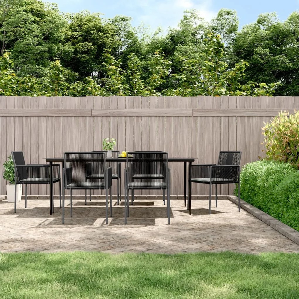 7 pcs conjunto jantar p/ jardim c/ almofadões vime PE/aço preto