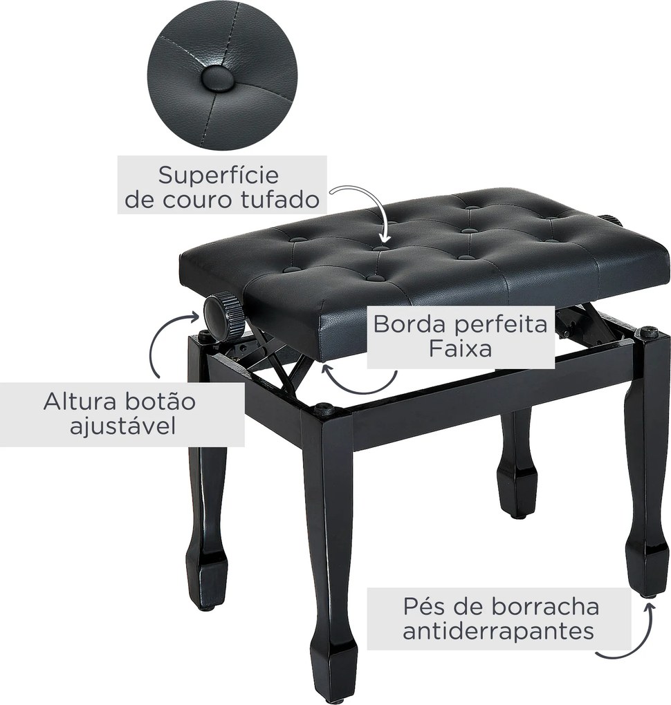 Banco de Piano Altura Ajustável Assento de Couro Sintético Pernas em Madeira 64x35x55 cm Preto