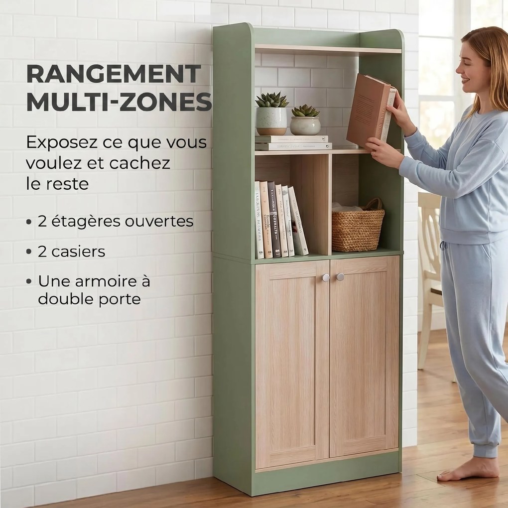 Estante de Arrumação com 5 Níveis e 2 Portas, 60 x 30 x 161,2 cm, Cantos Arredondados, Verde e cor Madeira Natural