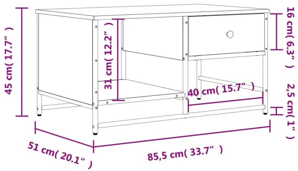 Mesa de centro 85,5x51x45 cm derivados de madeira cinza sonoma