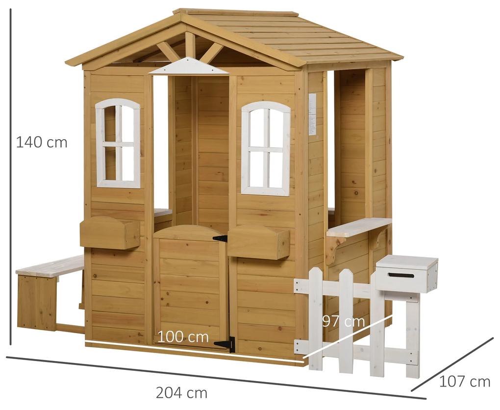 para crianças a cima de 3 anos casa para brincar de madeira com caixa de correio banco 210x107x140 cm para exterior interior Cor madeira natural
