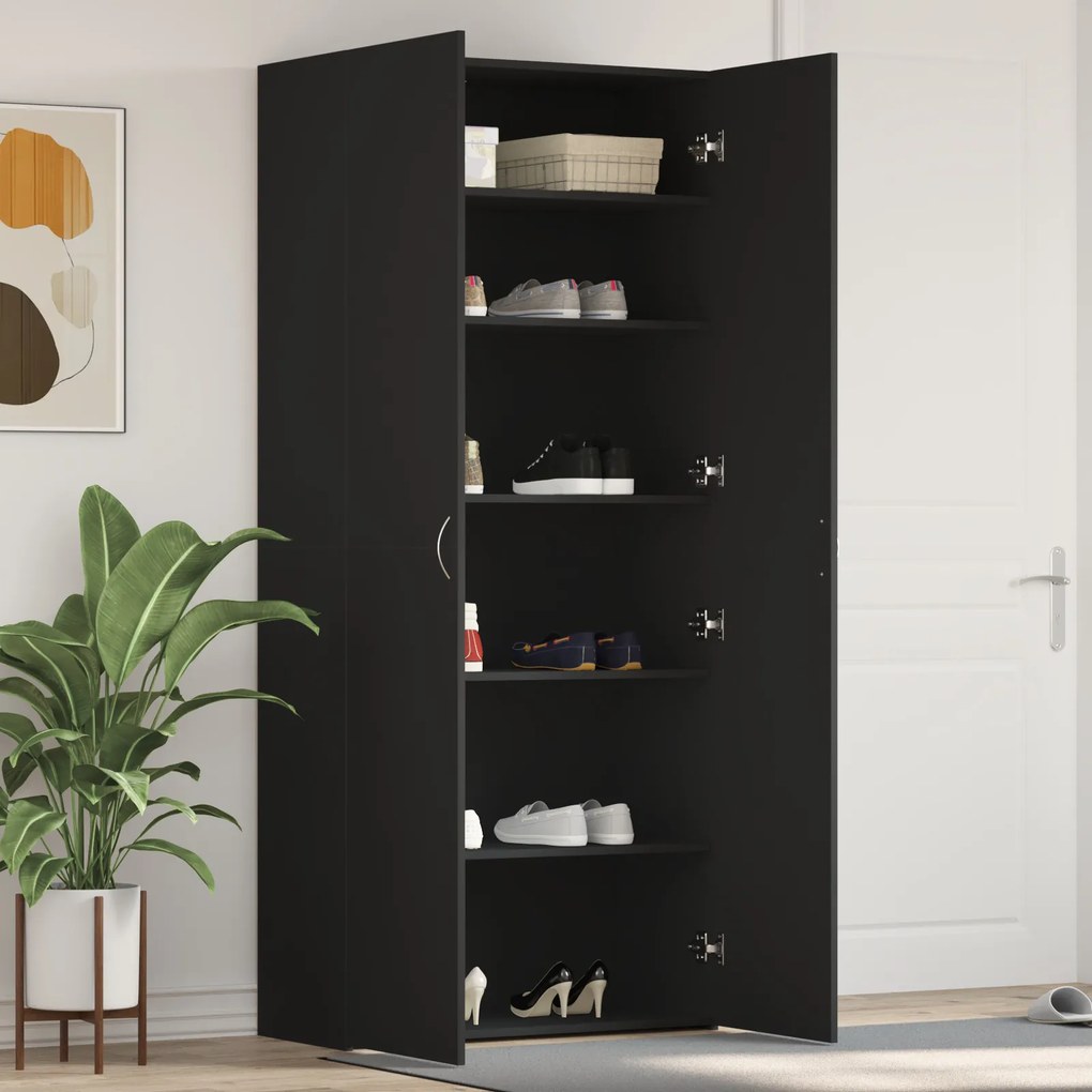 vidaXL Armário de Sapatos Preto 80x35,5x180 cm Em Madeira Compensada
