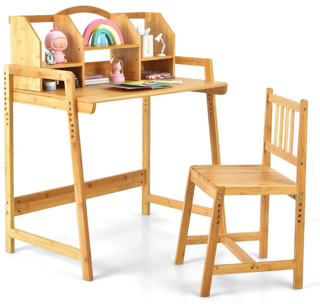 Conjunto de Mesa e Cadeira Bambu para Crianças Altura Ajustável Prateleira Natural
