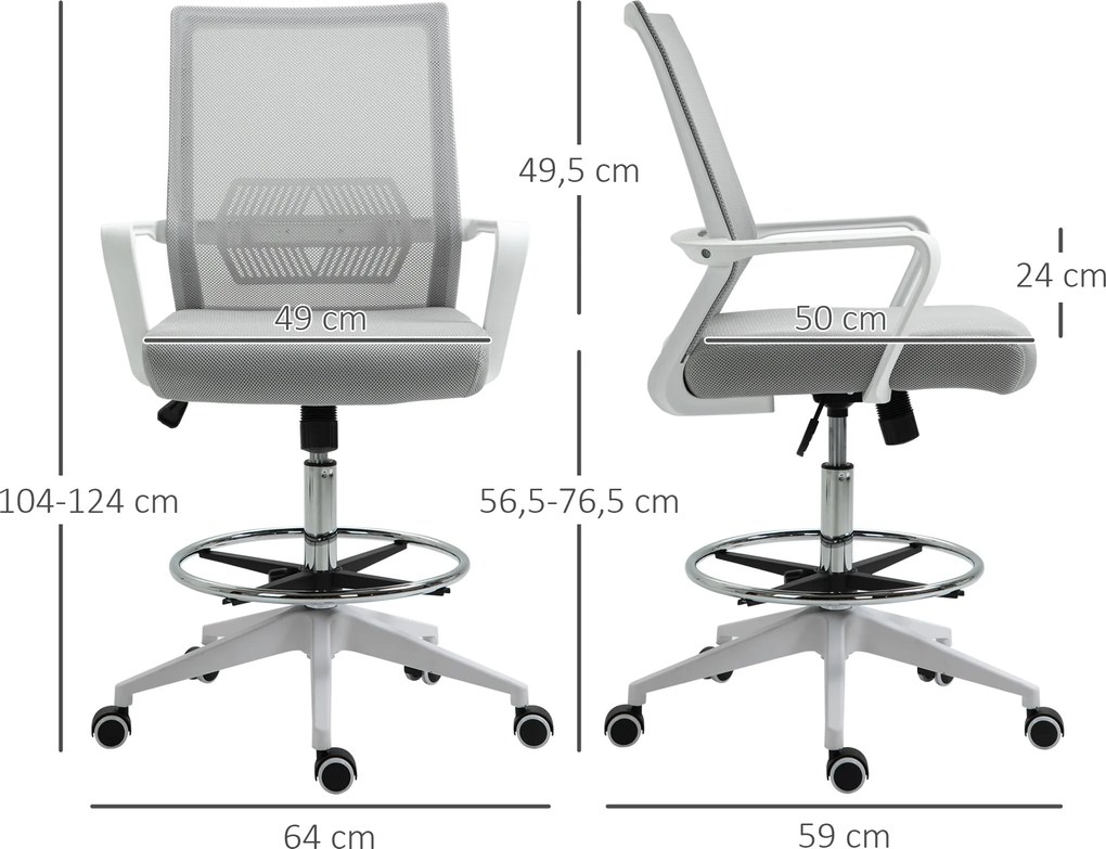 Cadeira de escritório com assento alto ajustável, 64 x 59 x 104-124 cm, cadeira giratória com rotação de 360°, tecido respirável cinzento e branco
