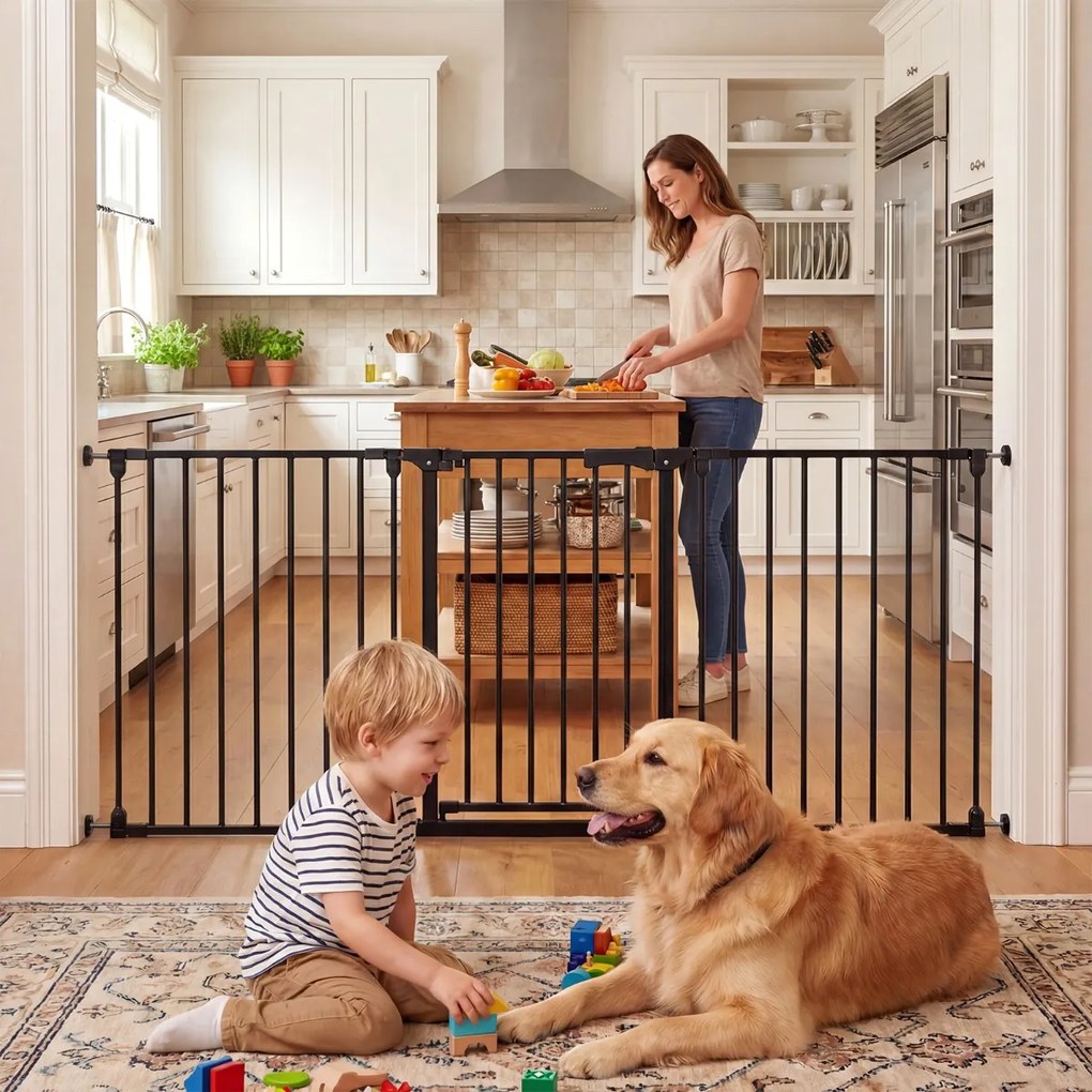 Barreira de segurança para crianças ou animais com 3 painéis metálicos 74,5-198 x 74,5 cm, bloqueio duplo e abertura bidirecional, preta