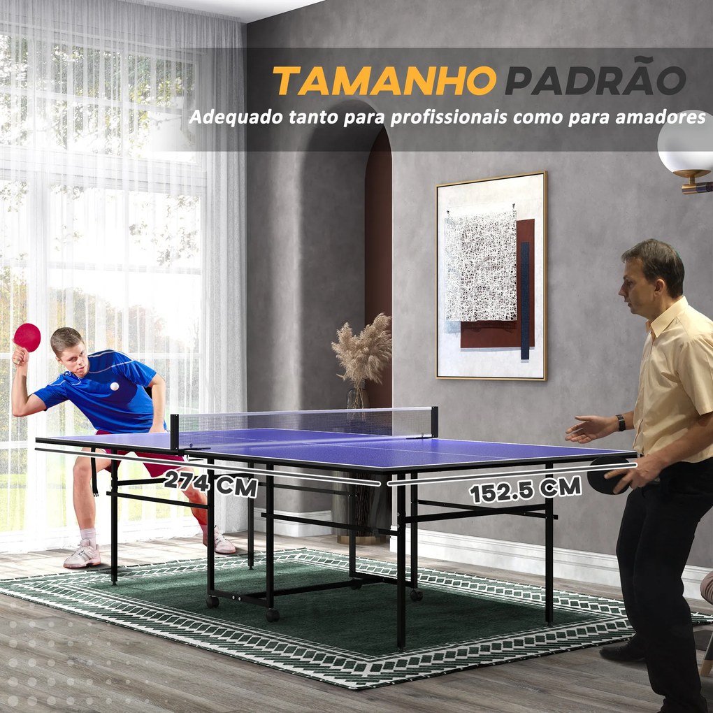 Mesa de Ping Pong Dobrável com 4 Rodas Rede 2 Raquetes e 3 Bolas para Interior e Exterior 274x152,5x75,5 cm Azul