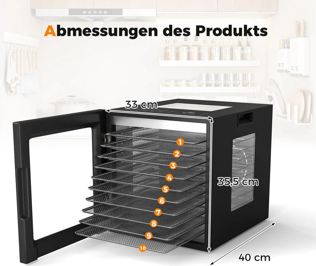 Desidratador de alimentos com bandejas de aço inoxidável Secador de alimentos com ecrã LED Temperatura 35-75 ℃ e temporizador