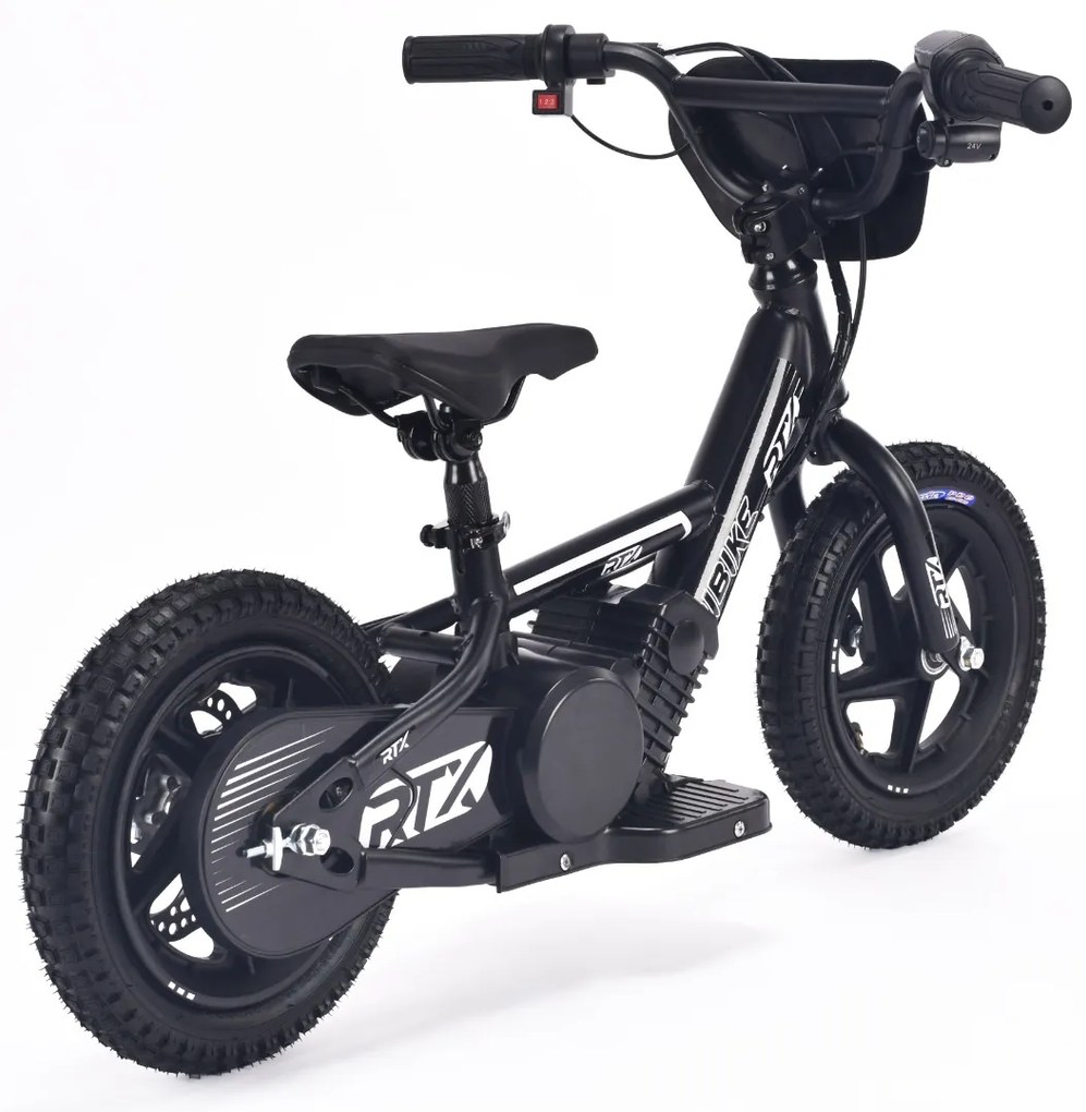 Bicicleta eléctrica para crianças RIRIBIKE RTX3 24V (12"), bateria de lítio, motor de 100W, travão de disco, assento ajustável em PU macio Preta