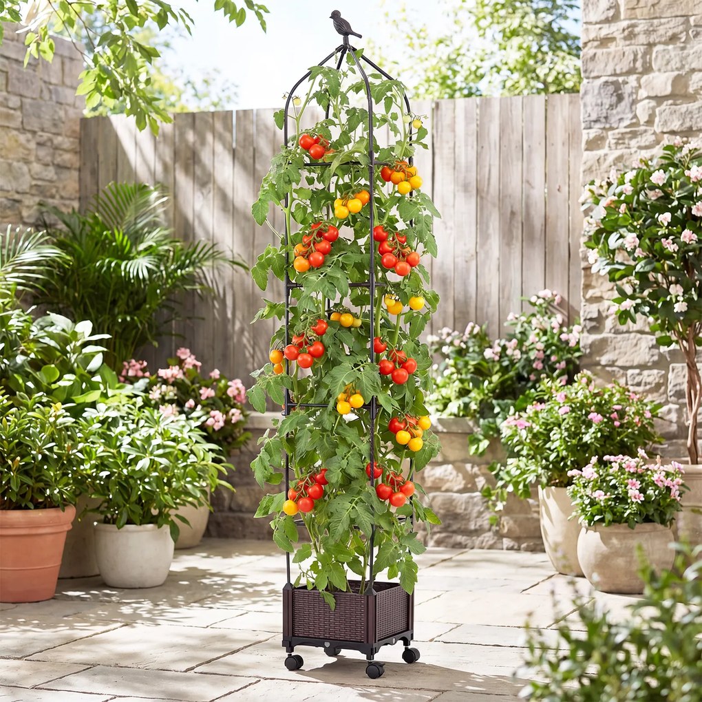 Floreira elevada para tomates com rega automática, altura ajustável de 95 a 200 cm, 4 rodas, suporte para plantas para pátio, terraço e jardim, preto