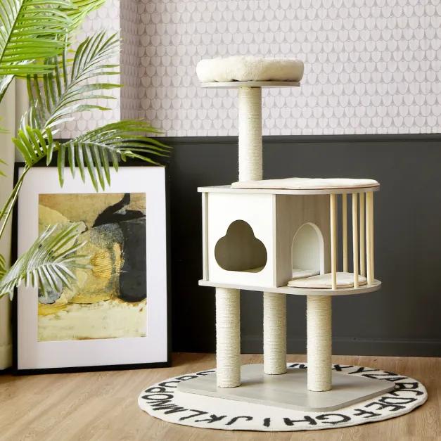 Arranhador Torre de madeira para gatos com plataforma para arranhar e almofadas, casa para gatinhos e gatos cinzento