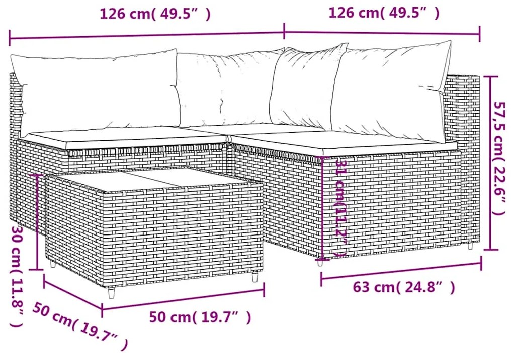 4 pcs conjunto lounge jardim c/ almofadões vime PE castanho