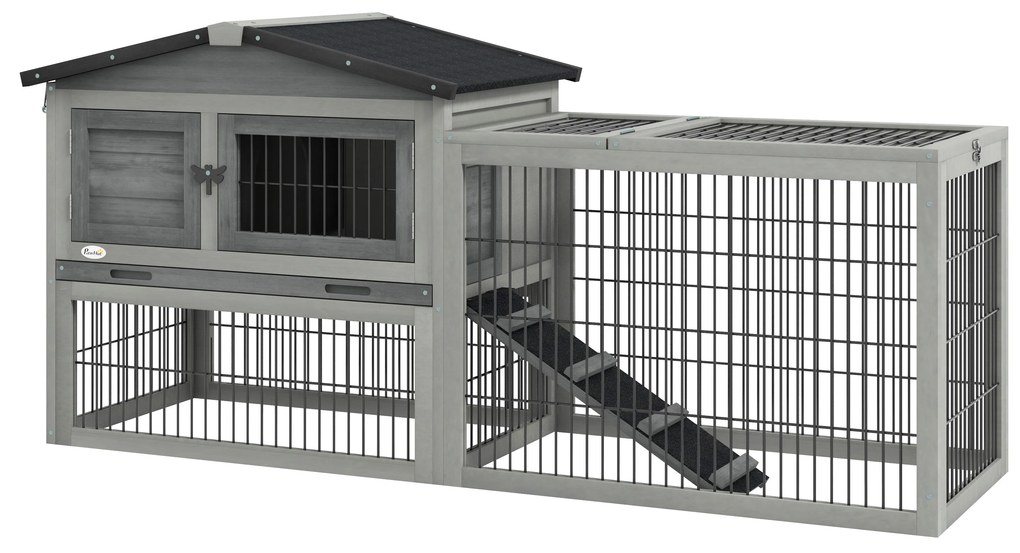 PawHut Coelheira Exterior de Madeira 150x52x68 cm Gaiola para 1-2 Coelhos com Teto Asfáltico Abatível Bandeja Amovível e Rampa Cinza | Aosom Portugal