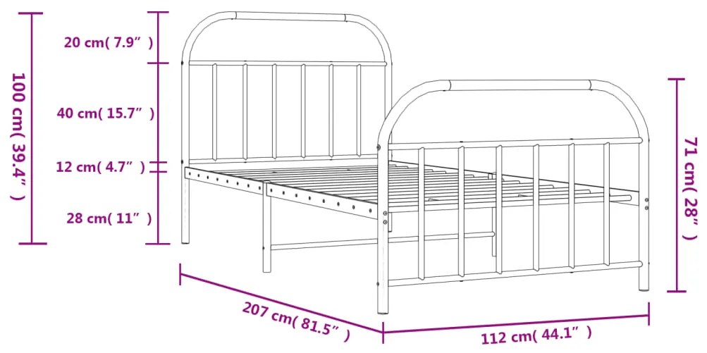 Estrutura de cama com cabeceira e pés 107x203 cm metal branco