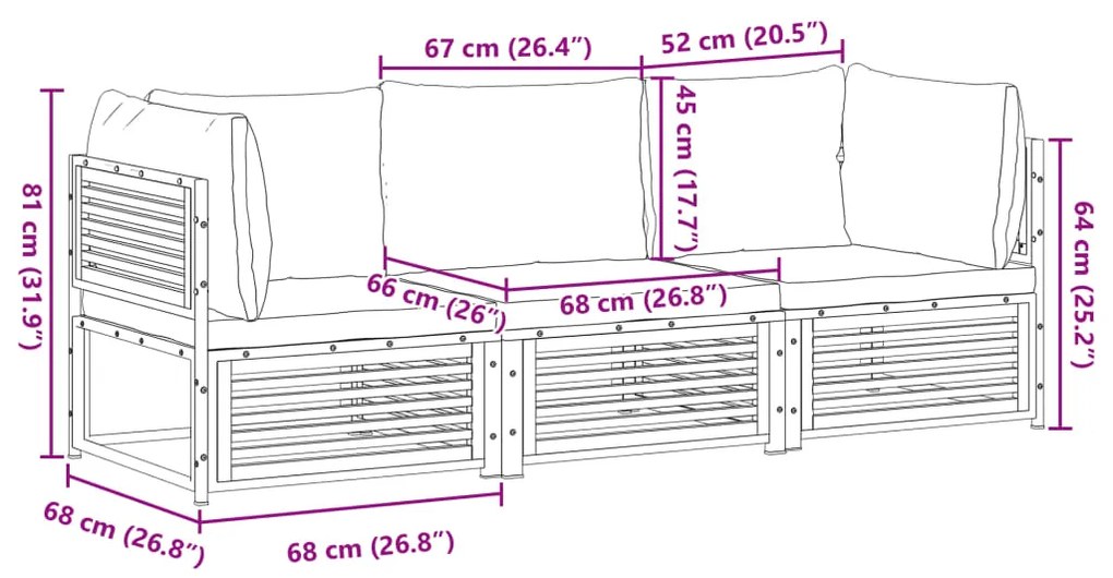 3 pcs conjunto de sofás de jardim com almofadões acácia maciça