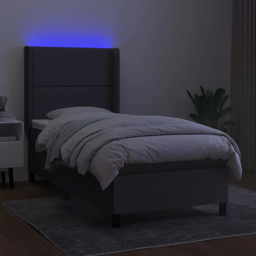 Cama box spring c/ colchão e LED 90x190 cm tecido cinza-escuro