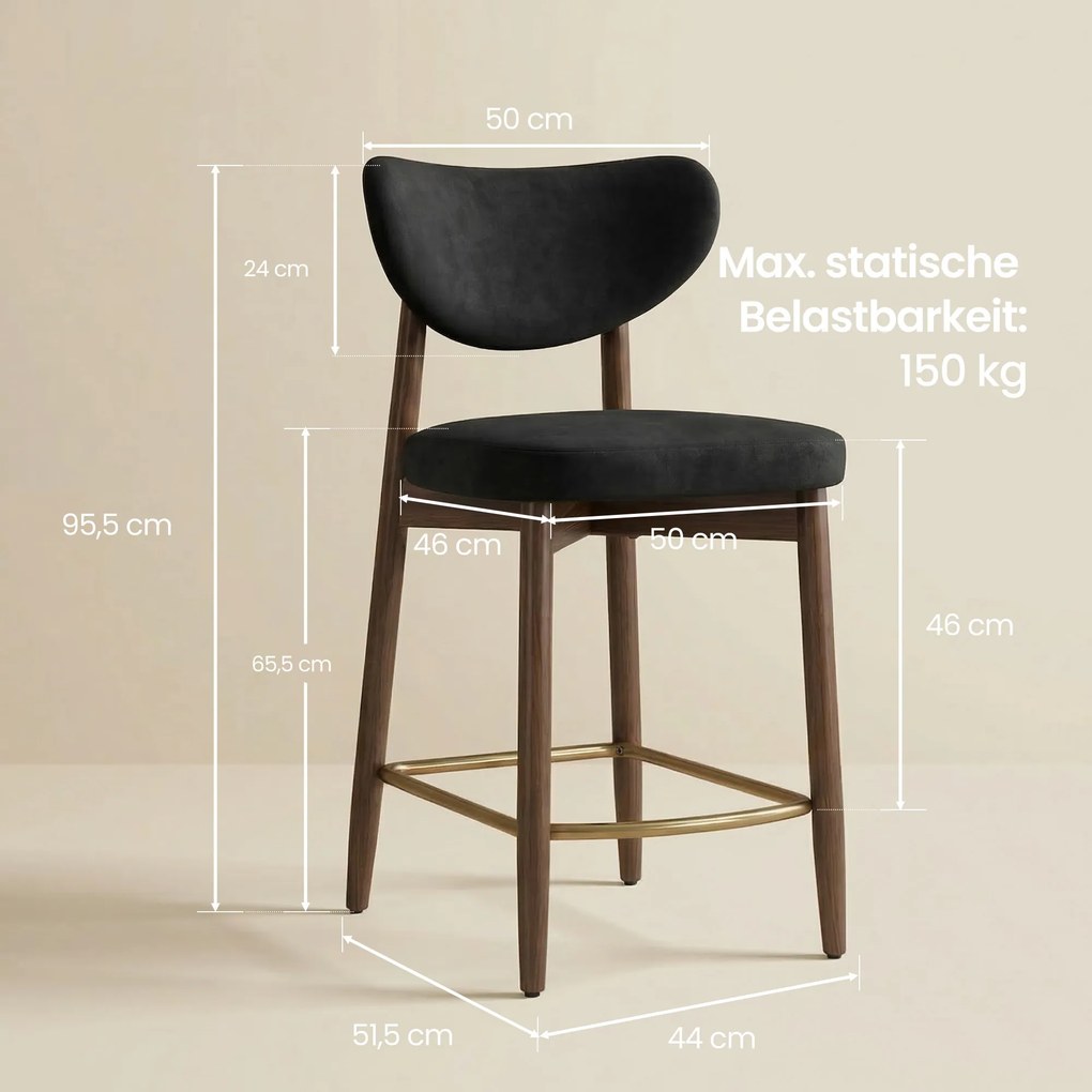Conjunto de 2 bancos de bar em couro PU com encosto e pernas em madeira maciça, 50 x 51,5 x 95,5 cm, preto