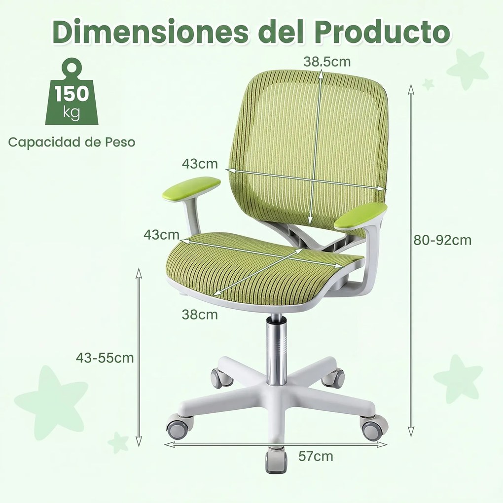 Cadeira de Escritório Infantil, 57 x 57 x 80-92 cm, (SECRETARIA NÃO INCLUIDA) Altura Ajustável, Verde