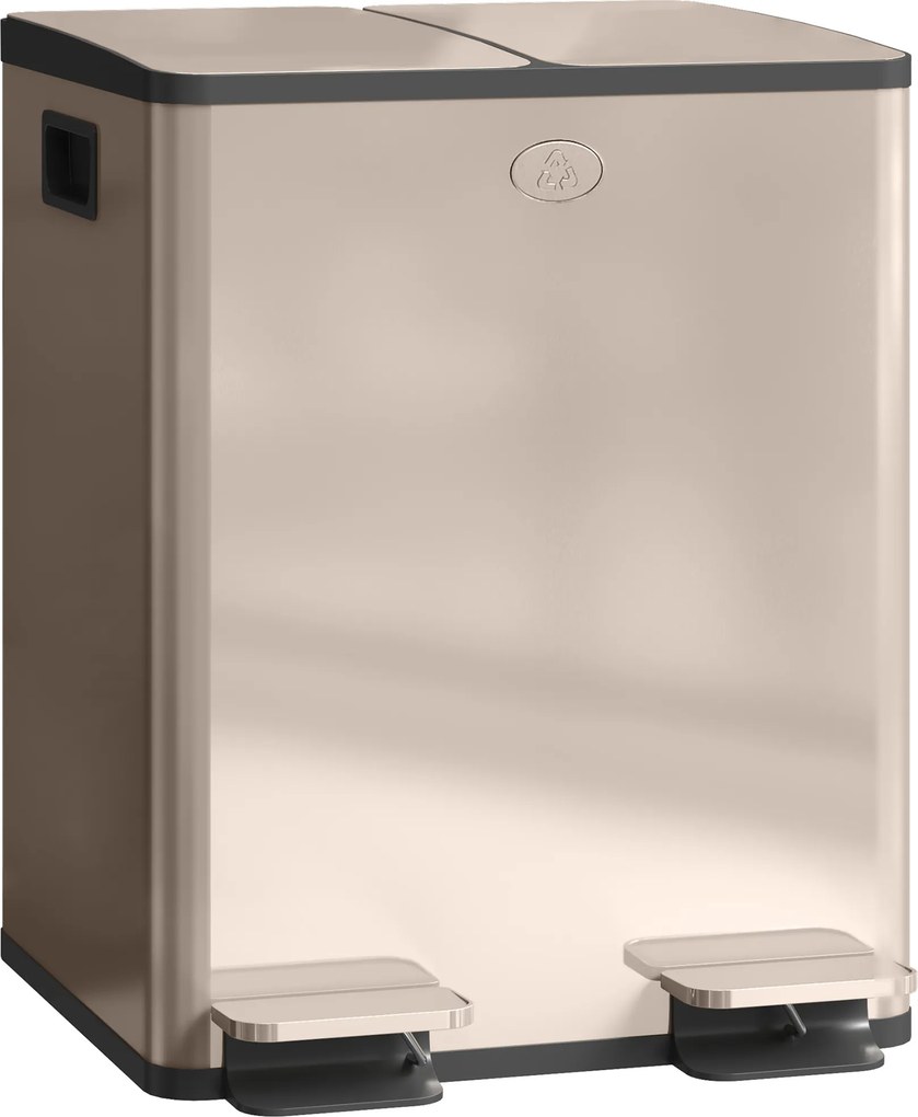 HOMCOM Lixeira de cozinha 2 compartimentos de 2 x 20 L, aço inoxidável, tampa com fecho suave, 45,8x36x51,6 cm, dourado | Aosom Portugal