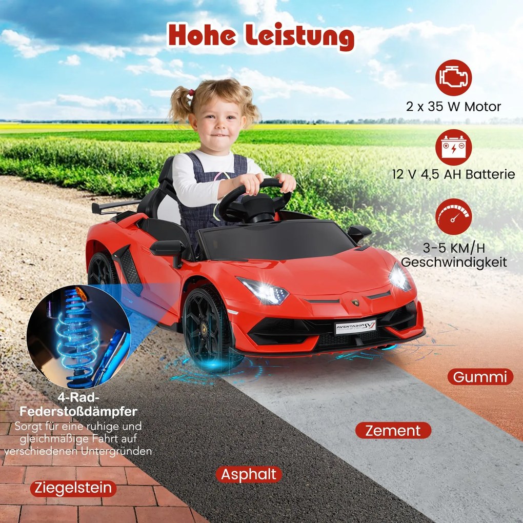 Carro elétrico Lamborghini 12V para crianças com controlo remoto 2,4G e faróis LED 3 a 5km/h Vermelho