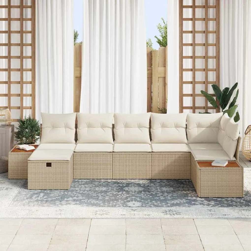 Conjunto de Sofá de Jardim vidaXL de 7 Peças com Almofadas Bege Vime P