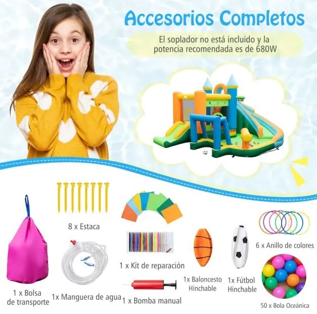 Parque aquático Castelo insuflável (SEM SOPRADOR) para crianças de 3 a 10 anos com escorregas duplos, piscina infantil, parede de escalada, canhão de