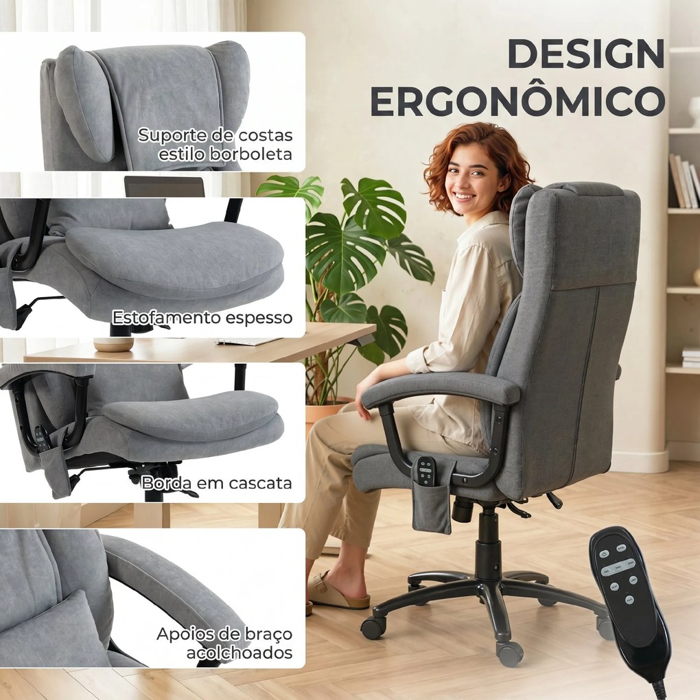 Cadeira de Escritório com Massagem de Amassamento em 4 Pontos Encosto Alto Altura Ajustável Assento Amplo Almofada Lombar Cinzento