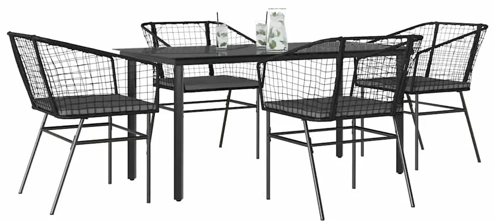 Conjunto de jantar jardim 5 peças almofadas vidro vime PE preto