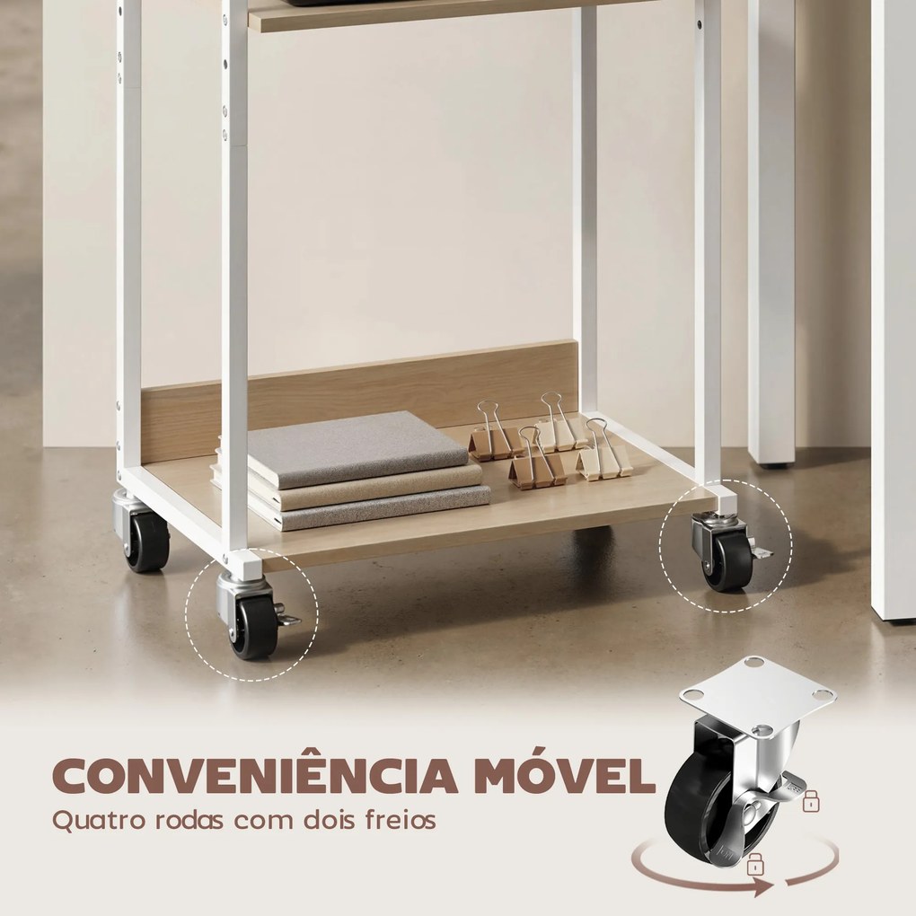Suporte para Impressora de 3 Níveis com Rodas, Móvel com Ganchos e Estrutura Metálica 43x30x82 cm Madeira