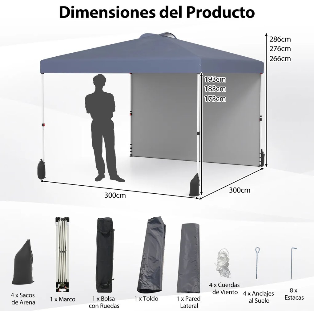 Tenda Pop up portátil para jardim, festas, eventos de 3 x 3 m com parede lateral, 4 x Sacos de areia e com bolsa enrolável cinzenta.