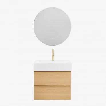Conjunto De Móvel De Casa De Banho Em Madeira E Chapa De Freixo Com Lavatório Integrado Ona Madeira Natural & Redondo Led E - Sklum