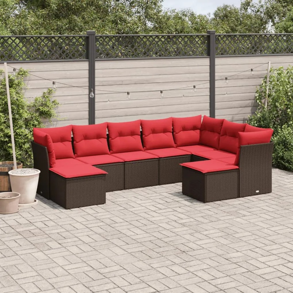 vidaXL 9 pcs conjunto sofás p/ jardim c/ almofadões vime PE castanho