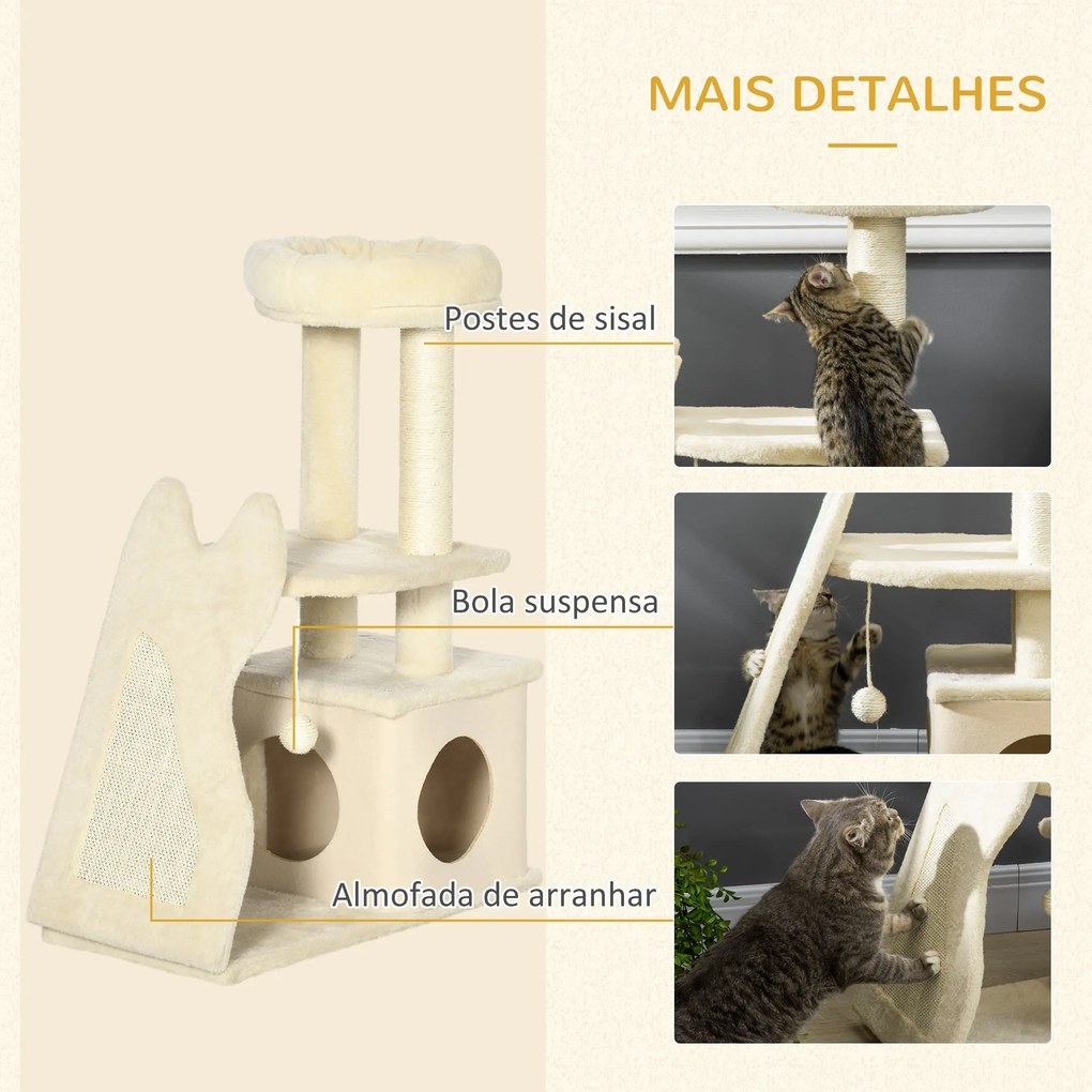 Árvore Arranhador para Gatos Pequenos Altura 83cm Torre para Gatos com Cama Caverna Plataforma Bola Suspensa Postes e Rampa de Sisal 60x30x83cm Bege