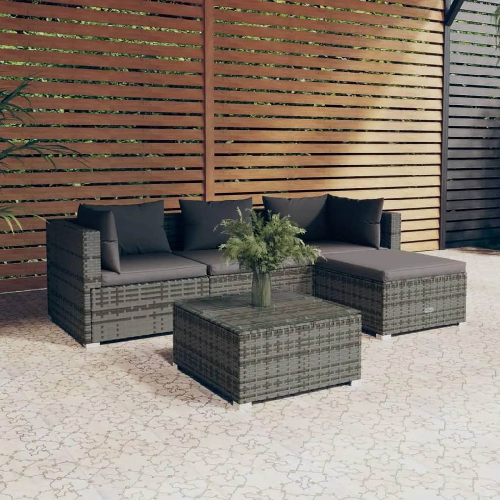 3101653 vidaXL 5 pcs conjunto lounge de jardim c/ almofadões vime PE cinzento