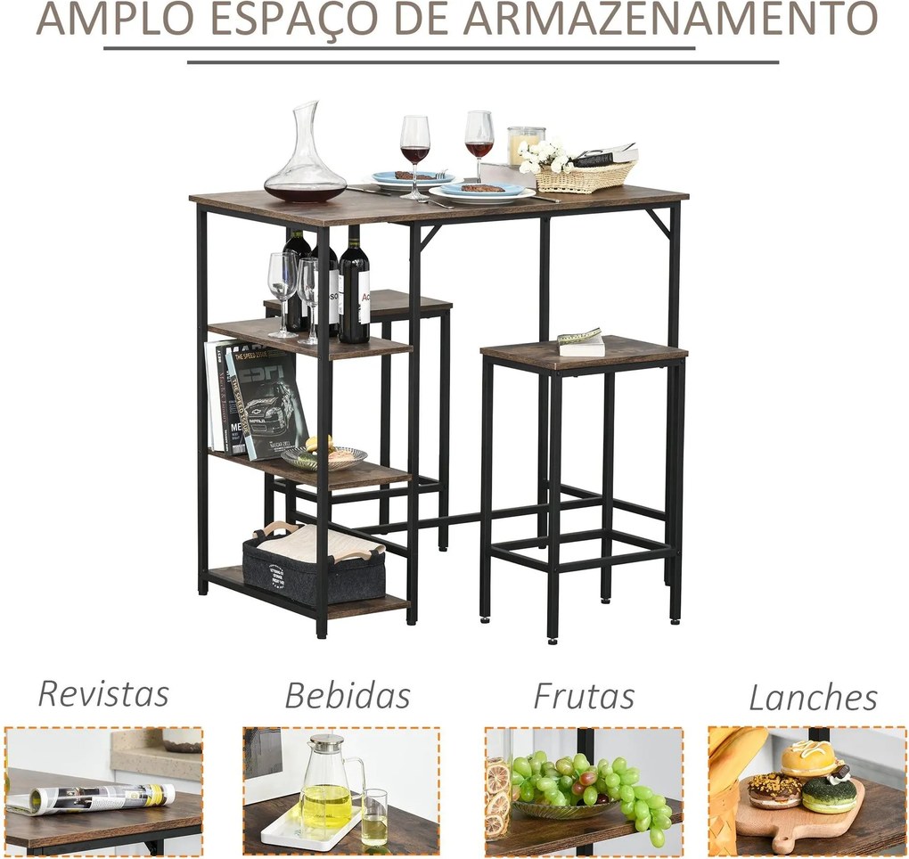 Conjunto de mesa de bar e 2 bancos com apoio para os pés e prateleiras de 3 níveis 109x60x100 cm castanho rústico